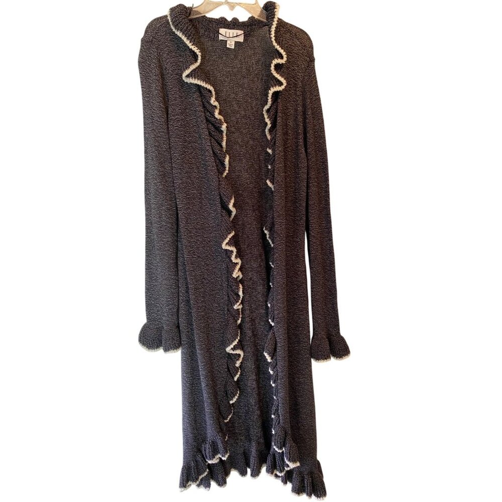 Elle Ruffled Open Front Cardigan Sweater Black & White Accent Medium